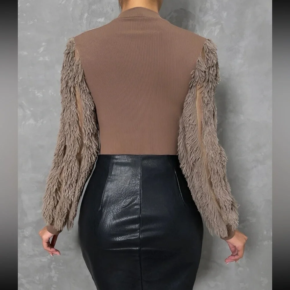 Cozy Faux Fur Fuzzy Long Puff Cuff Sleeve Mock Neck Top Blouse Shirt Black - Picture 12 of 16